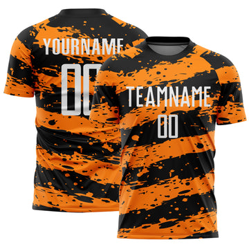 Custom Black White-Bay Orange Splash Sublimation Soccer Uniform Jersey