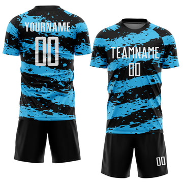 Custom Black White-Sky Blue Splash Sublimation Soccer Uniform Jersey