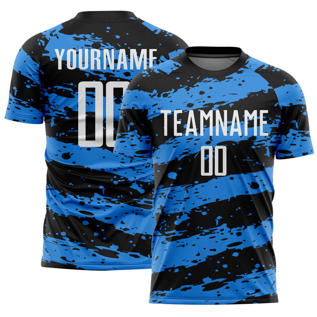 Custom Black White-Powder Blue Splash Sublimation Soccer Uniform Jersey