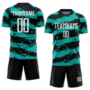 Custom Black White-Aqua Splash Sublimation Soccer Uniform Jersey