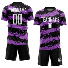 Load image into Gallery viewer, Custom Black White-Medium Purple Splash Sublimation Soccer Uniform Jersey
