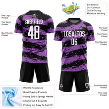 Load image into Gallery viewer, Custom Black White-Medium Purple Splash Sublimation Soccer Uniform Jersey
