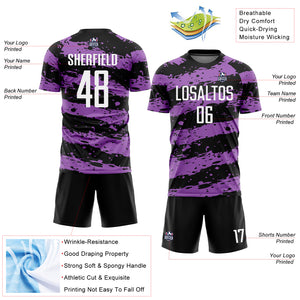 Custom Black White-Medium Purple Splash Sublimation Soccer Uniform Jersey