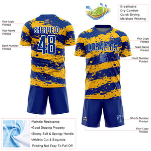 Custom Royal Gold-White Splash Sublimation Soccer Uniform Jersey