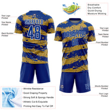 Load image into Gallery viewer, Custom Royal Old Gold-White Splash Sublimation Soccer Uniform Jersey
