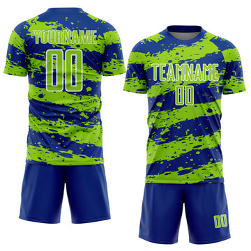 Custom Royal Neon Green-White Splash Sublimation Soccer Uniform Jersey