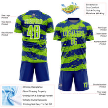 Load image into Gallery viewer, Custom Royal Neon Green-White Splash Sublimation Soccer Uniform Jersey
