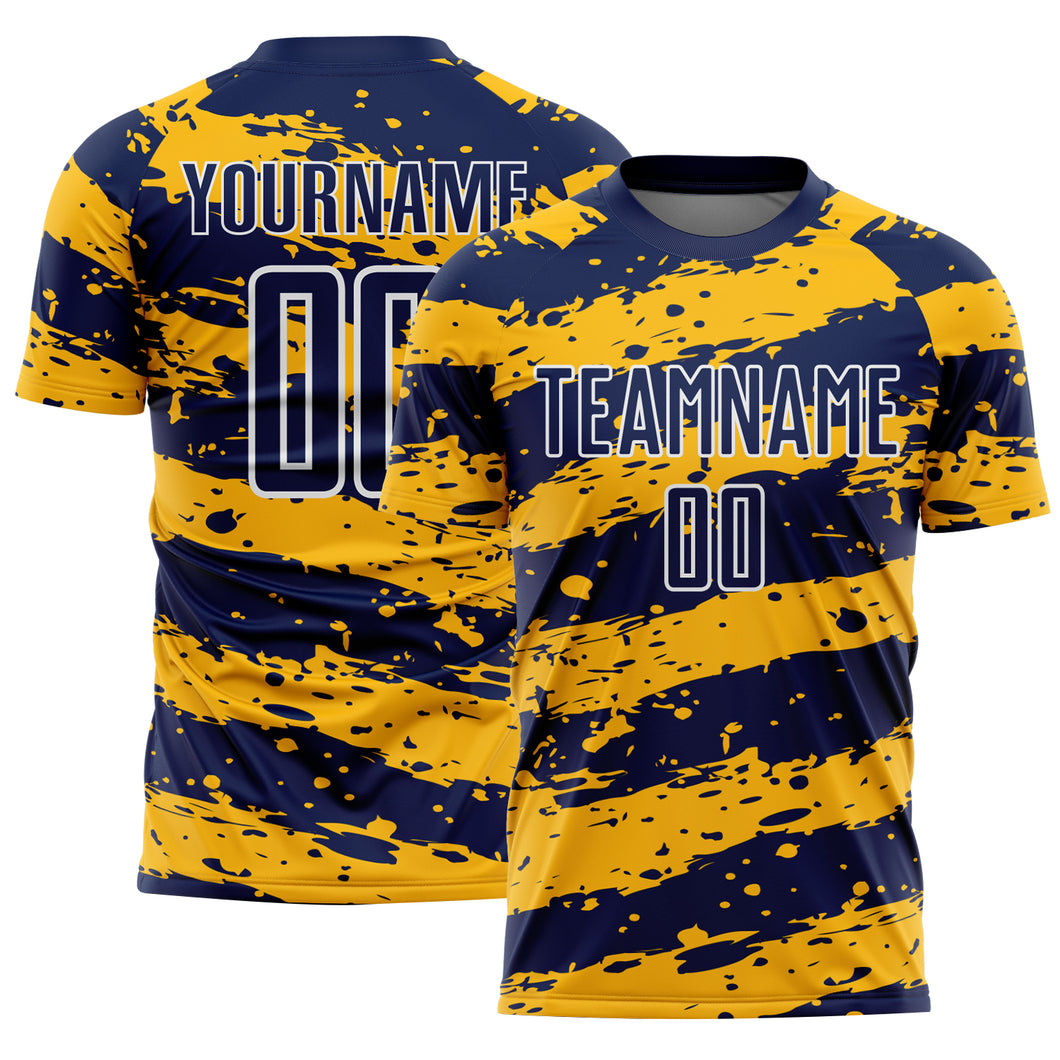 Custom Navy Gold-White Splash Sublimation Soccer Uniform Jersey