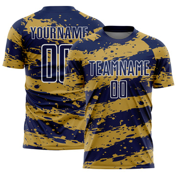 Custom Navy Old Gold-White Splash Sublimation Soccer Uniform Jersey