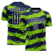 Load image into Gallery viewer, Custom Navy Neon Green-White Splash Sublimation Soccer Uniform Jersey
