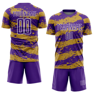 Custom Purple Old Gold-White Splash Sublimation Soccer Uniform Jersey