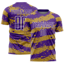 Load image into Gallery viewer, Custom Purple Old Gold-White Splash Sublimation Soccer Uniform Jersey
