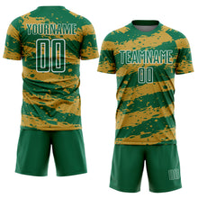 Load image into Gallery viewer, Custom Kelly Green Old Gold-White Splash Sublimation Soccer Uniform Jersey
