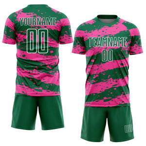 Custom Kelly Green Pink-White Splash Sublimation Soccer Uniform Jersey