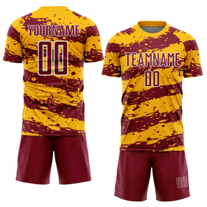 Custom Gold Crimson-White Splash Sublimation Soccer Uniform Jersey