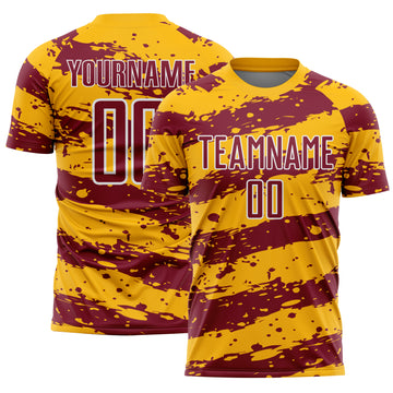 Custom Gold Crimson-White Splash Sublimation Soccer Uniform Jersey