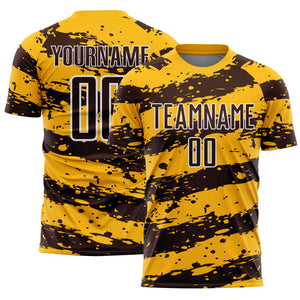 Custom Gold Brown-White Splash Sublimation Soccer Uniform Jersey