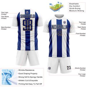 Custom White Royal-Old Gold Line Sublimation Soccer Uniform Jersey