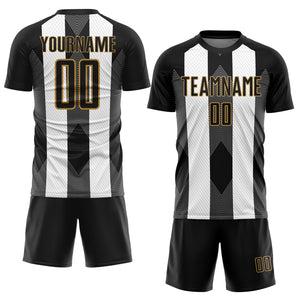 Custom Black Old Gold-White Line Sublimation Soccer Uniform Jersey