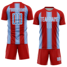 Load image into Gallery viewer, Custom Red Light Blue-White Line Sublimation Soccer Uniform Jersey
