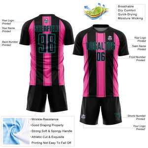 Custom Black Pink-Teal Line Sublimation Soccer Uniform Jersey