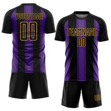 Load image into Gallery viewer, Custom Black Purple-Gold Line Sublimation Soccer Uniform Jersey
