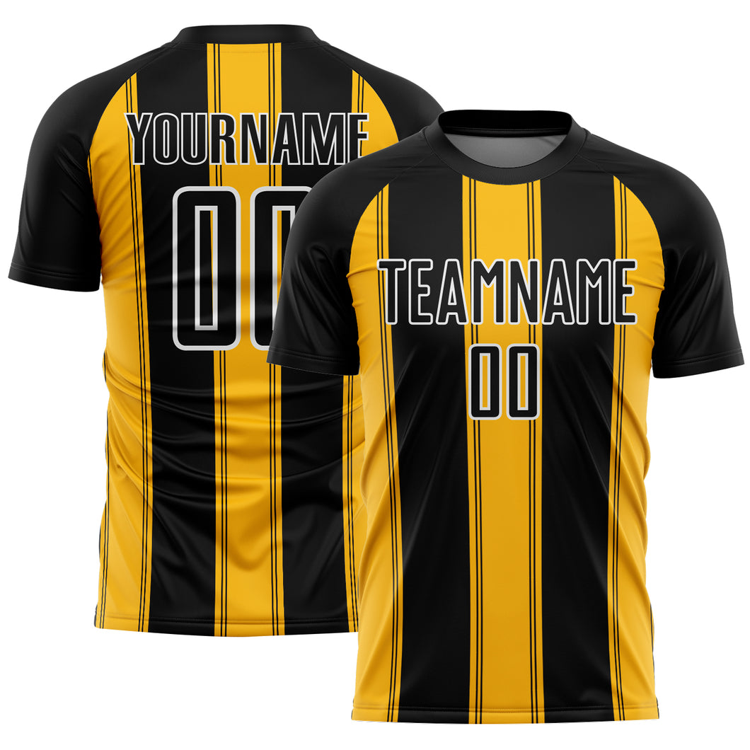 Custom Black Gold-White Line Sublimation Soccer Uniform Jersey