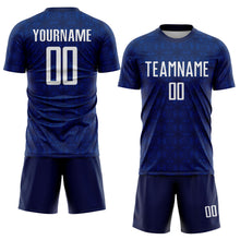 Load image into Gallery viewer, Custom Navy White-Royal Geometric Shapes Sublimation Soccer Uniform Jersey
