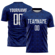 Load image into Gallery viewer, Custom Navy White-Royal Geometric Shapes Sublimation Soccer Uniform Jersey
