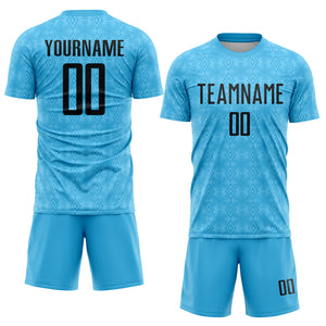 Custom Sky Blue Black Geometric Shapes Sublimation Soccer Uniform Jersey