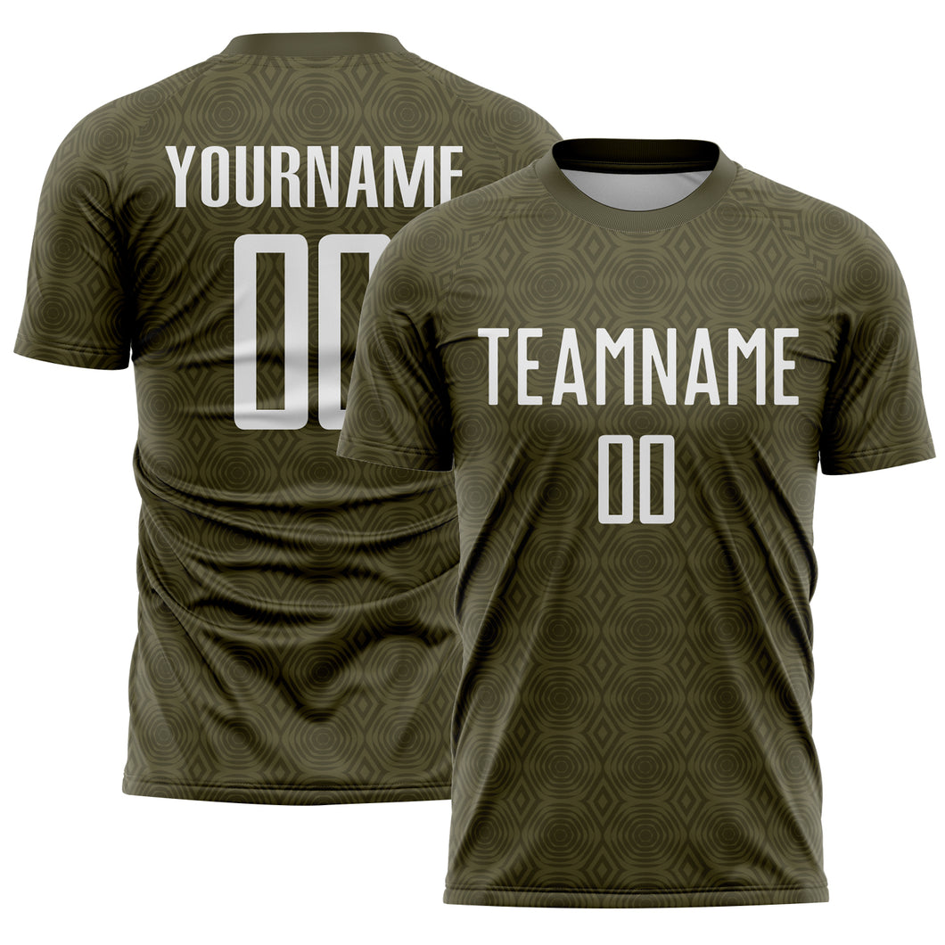 Custom Olive White Geometric Shapes Sublimation Salute To Service Soccer Uniform Jersey