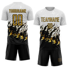 Load image into Gallery viewer, Custom White Old Gold-Black Flame Sublimation Soccer Uniform Jersey
