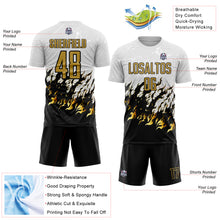 Load image into Gallery viewer, Custom White Old Gold-Black Flame Sublimation Soccer Uniform Jersey
