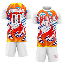 Load image into Gallery viewer, Custom White Red-Gold Flame Sublimation Soccer Uniform Jersey
