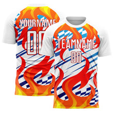 Load image into Gallery viewer, Custom White Red-Gold Flame Sublimation Soccer Uniform Jersey
