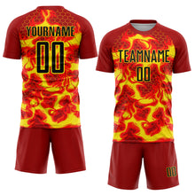 Load image into Gallery viewer, Custom Red Black-Light Yellow Flame Sublimation Soccer Uniform Jersey
