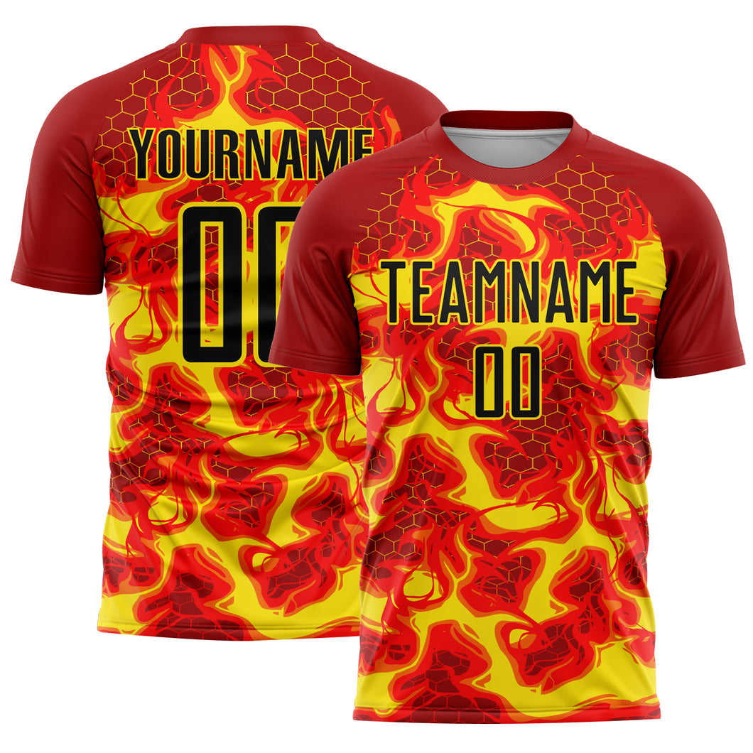 Custom Red Black-Light Yellow Flame Sublimation Soccer Uniform Jersey