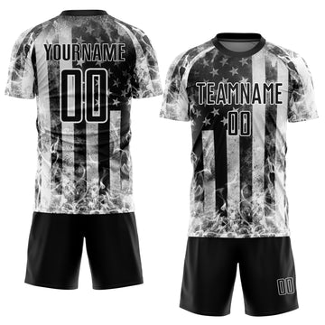 Custom Black Gray-White American Flag Flame Sublimation Soccer Uniform Jersey