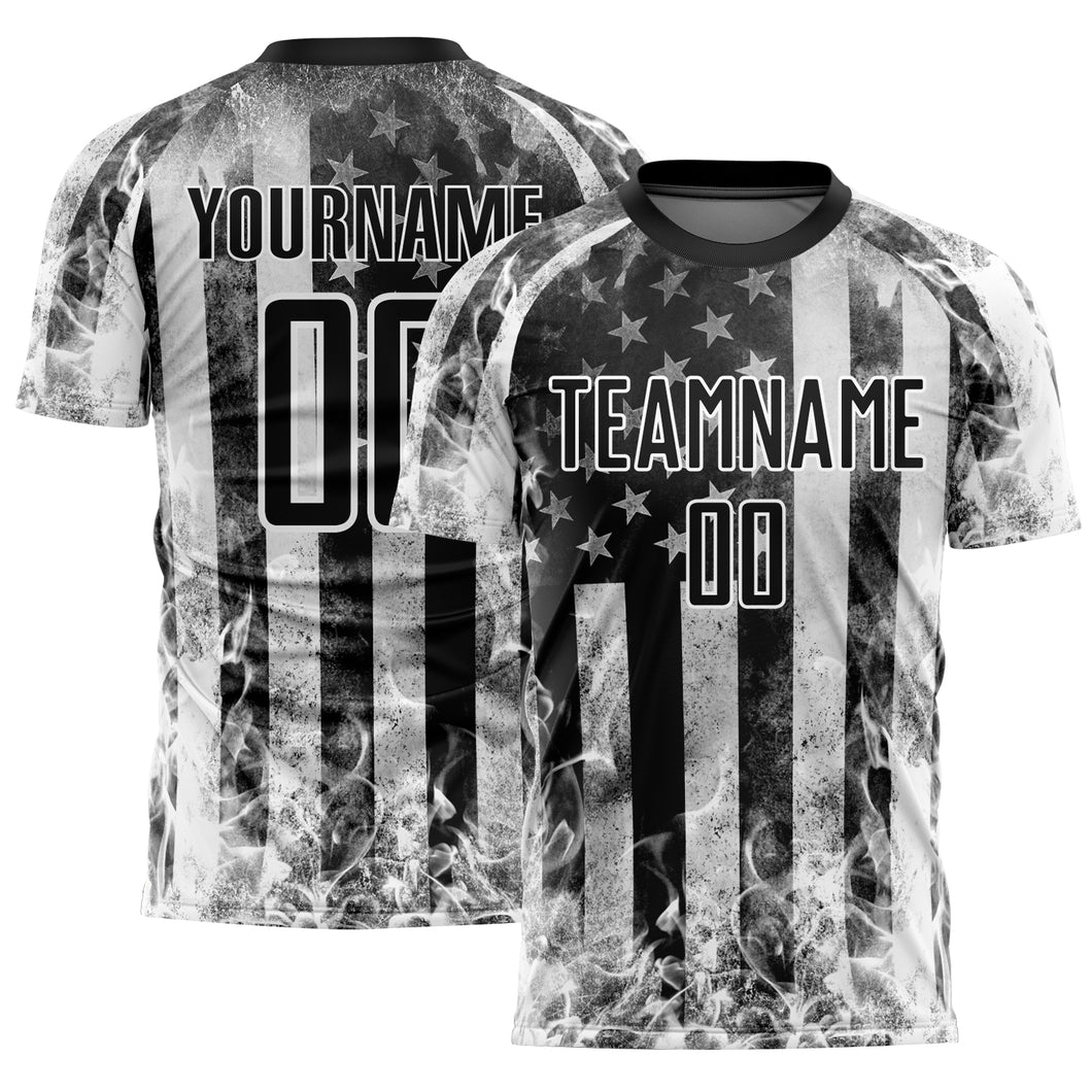 Custom Black Gray-White American Flag Flame Sublimation Soccer Uniform Jersey