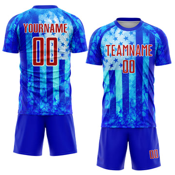 Custom Thunder Blue Red-White American Flag Flame Sublimation Soccer Uniform Jersey