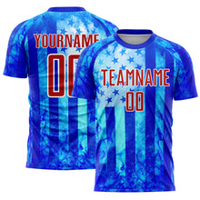 Load image into Gallery viewer, Custom Thunder Blue Red-White American Flag Flame Sublimation Soccer Uniform Jersey
