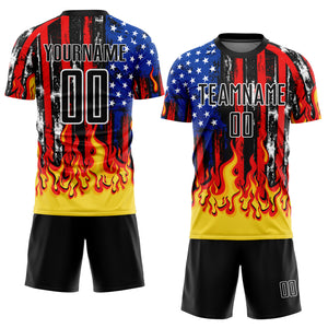 Custom Black Red Royal-Gold American Flag Flame Sublimation Soccer Uniform Jersey