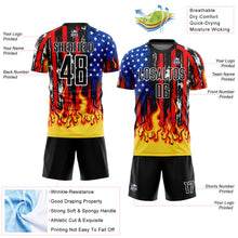 Load image into Gallery viewer, Custom Black Red Royal-Gold American Flag Flame Sublimation Soccer Uniform Jersey
