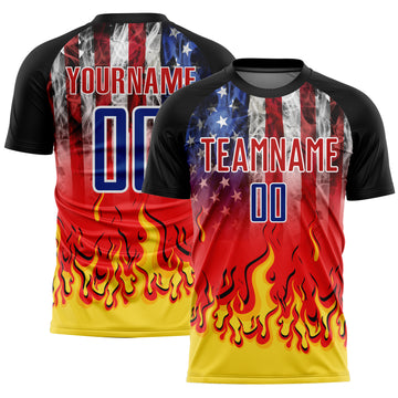 Custom Black Royal Red-Gold American Flag Flame Sublimation Soccer Uniform Jersey