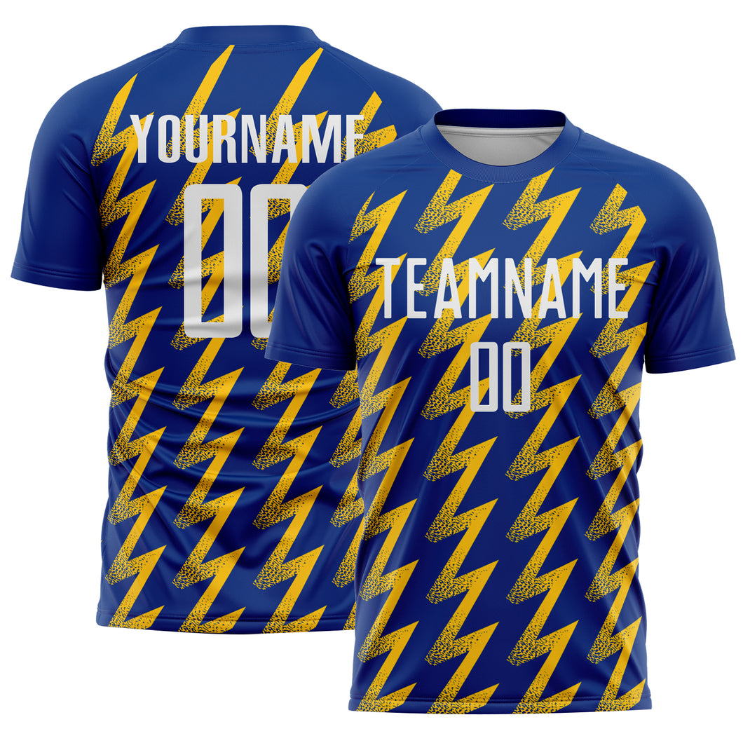 Custom Royal White-Yellow Zigzag Shape Sublimation Soccer Uniform Jersey