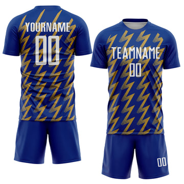 Custom Royal White-Old Gold Zigzag Shape Sublimation Soccer Uniform Jersey