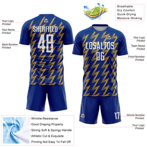 Custom Royal White-Old Gold Zigzag Shape Sublimation Soccer Uniform Jersey