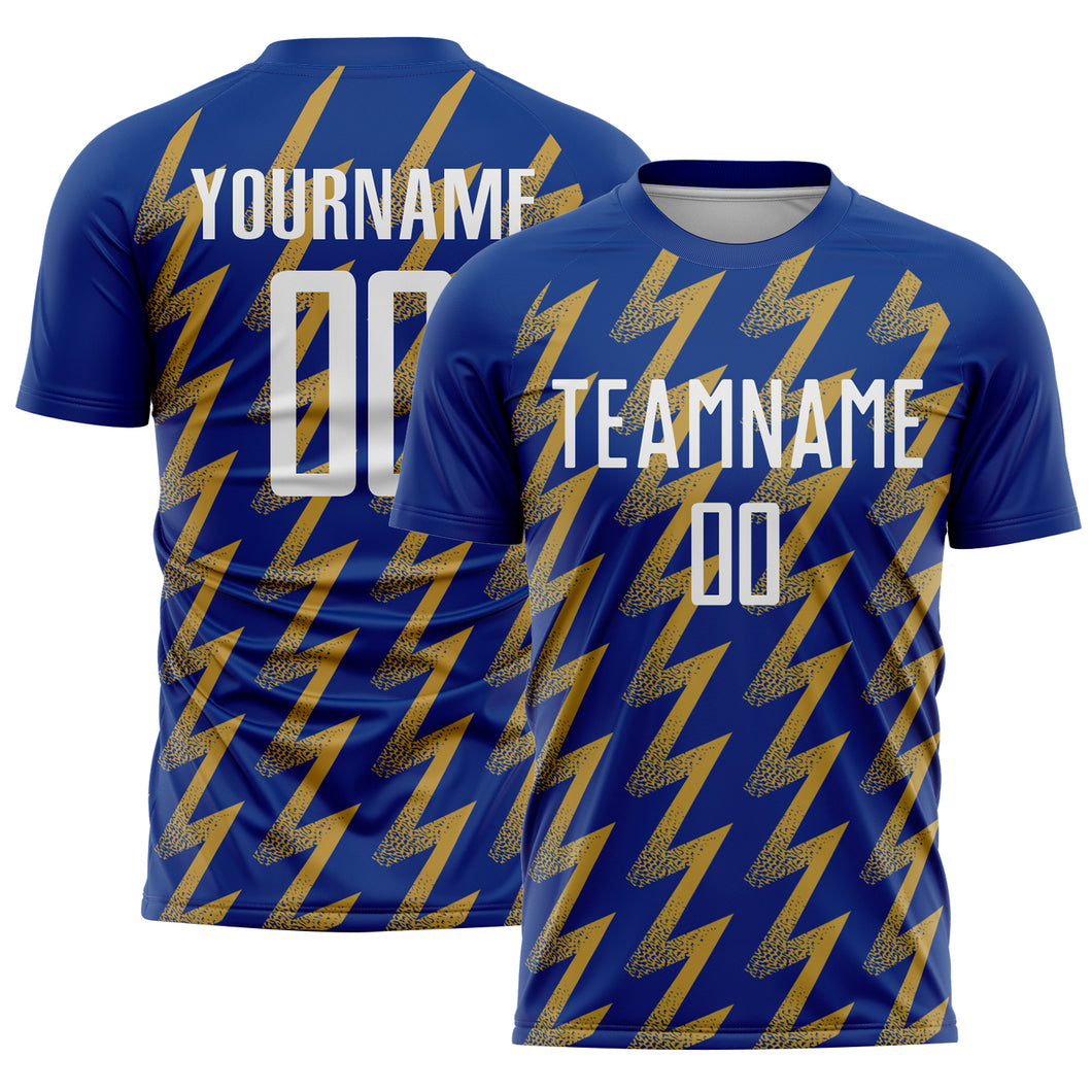 Custom Royal White-Old Gold Zigzag Shape Sublimation Soccer Uniform Jersey