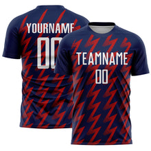 Load image into Gallery viewer, Custom Navy White-Red Zigzag Shape Sublimation Soccer Uniform Jersey
