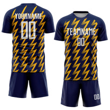 Load image into Gallery viewer, Custom Navy White-Gold Zigzag Shape Sublimation Soccer Uniform Jersey
